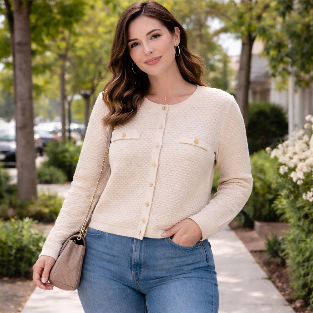 WHBM White House Black Market Neutral Textured Knit Jacket Cardigan Minimalist